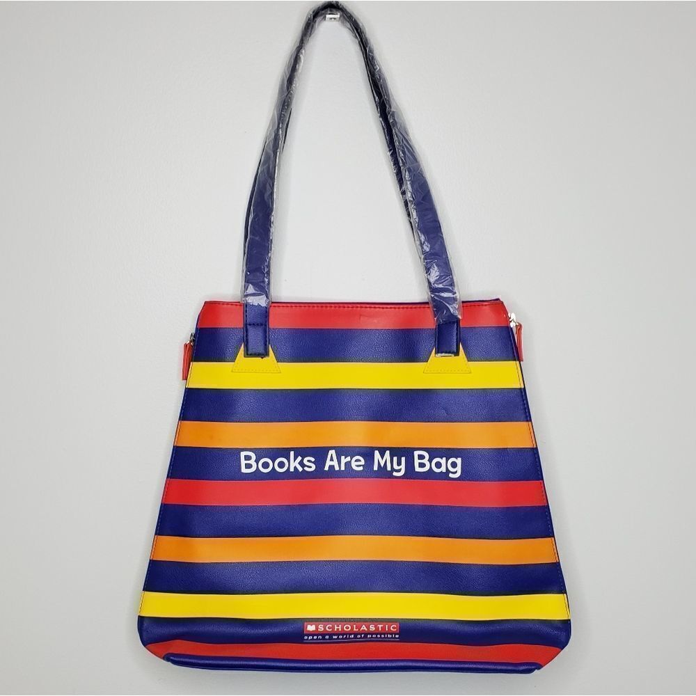 SCHOLASTIC tote Books are my bag large faux‎ leather rainbow striped bag